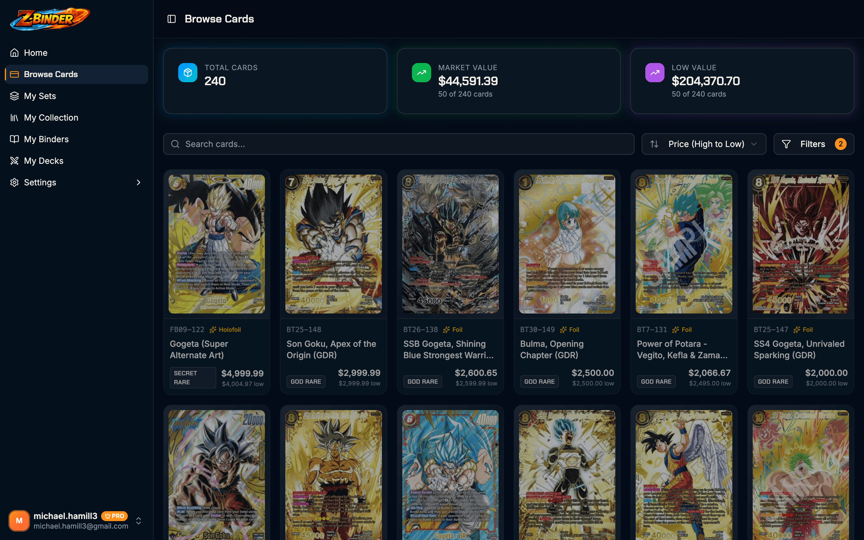 Card browser showing Dragon Ball Super cards with search filters and prices