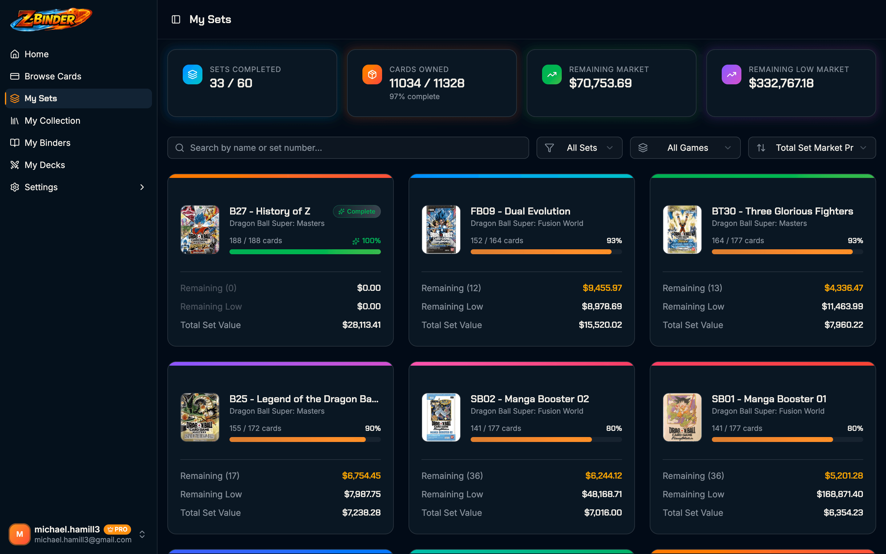 Set detail page showing card completion progress for a Dragon Ball Super Masters set